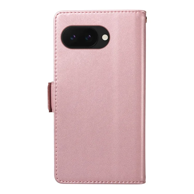 For Google Pixel 9a Case with Multi-Card Holder and Strap PU Leather Phone Cover Stand - Rose Gold