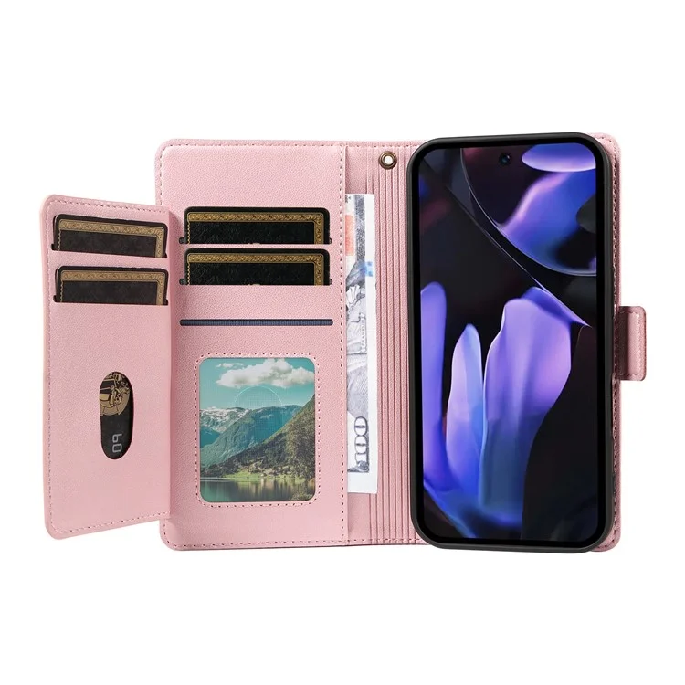 For Google Pixel 9a Case with Multi-Card Holder and Strap PU Leather Phone Cover Stand - Rose Gold