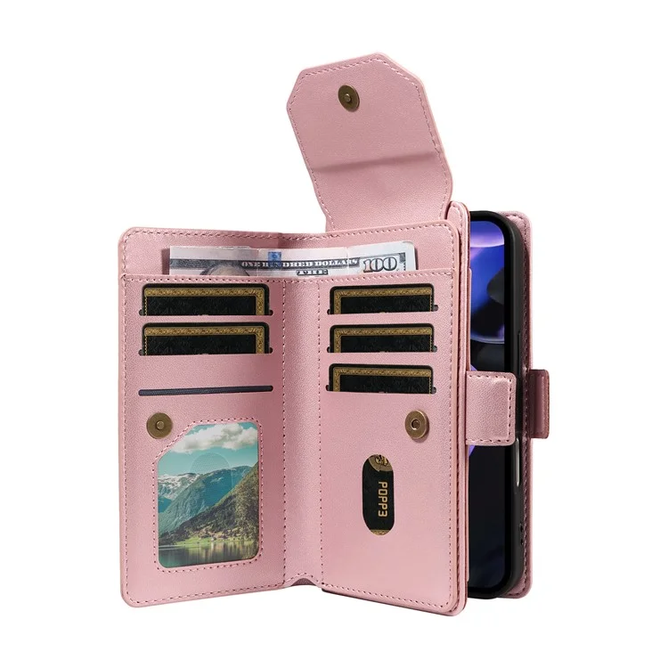 For Google Pixel 9a Case with Multi-Card Holder and Strap PU Leather Phone Cover Stand - Rose Gold