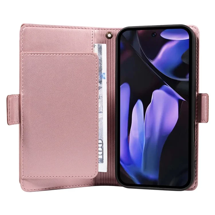 For Google Pixel 9a Case with Multi-Card Holder and Strap PU Leather Phone Cover Stand - Rose Gold