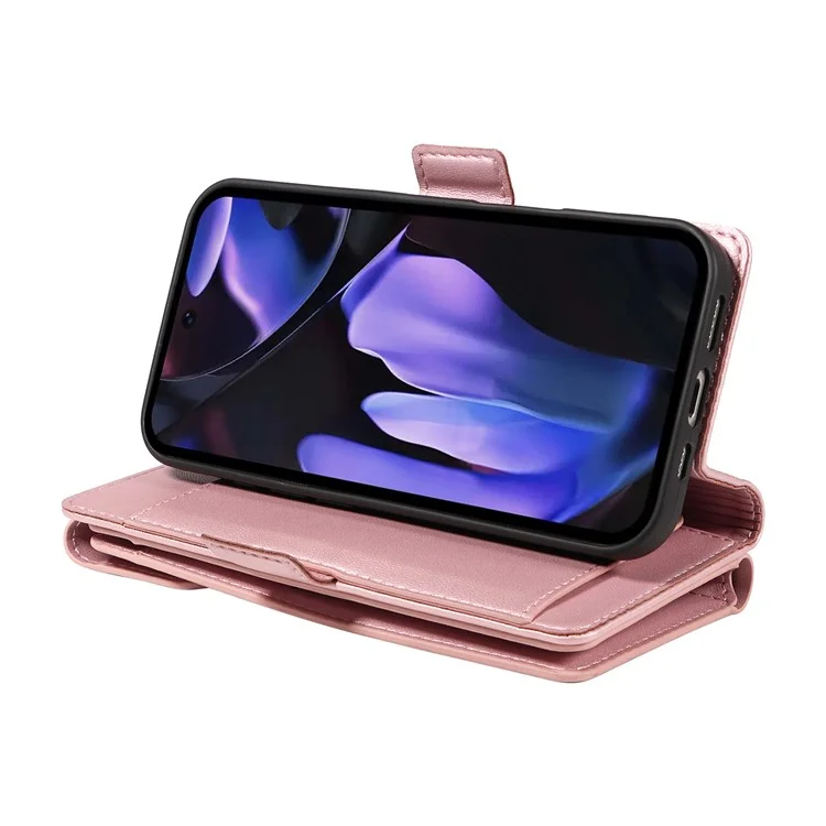 For Google Pixel 9a Case with Multi-Card Holder and Strap PU Leather Phone Cover Stand - Rose Gold