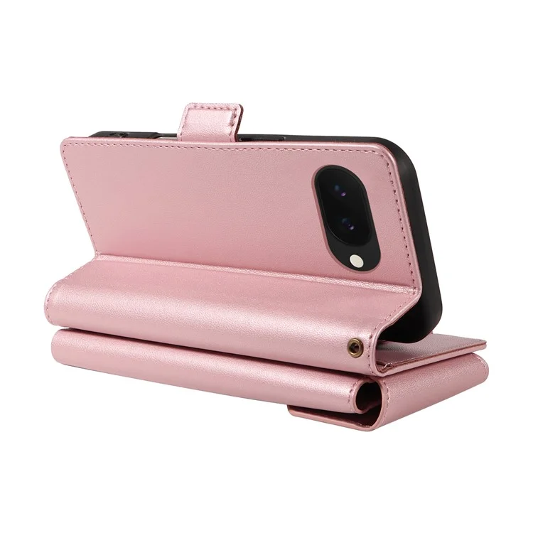 For Google Pixel 9a Case with Multi-Card Holder and Strap PU Leather Phone Cover Stand - Rose Gold