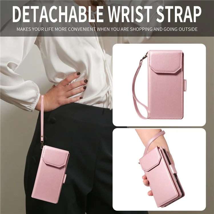 For Google Pixel 9a Case with Multi-Card Holder and Strap PU Leather Phone Cover Stand - Rose Gold