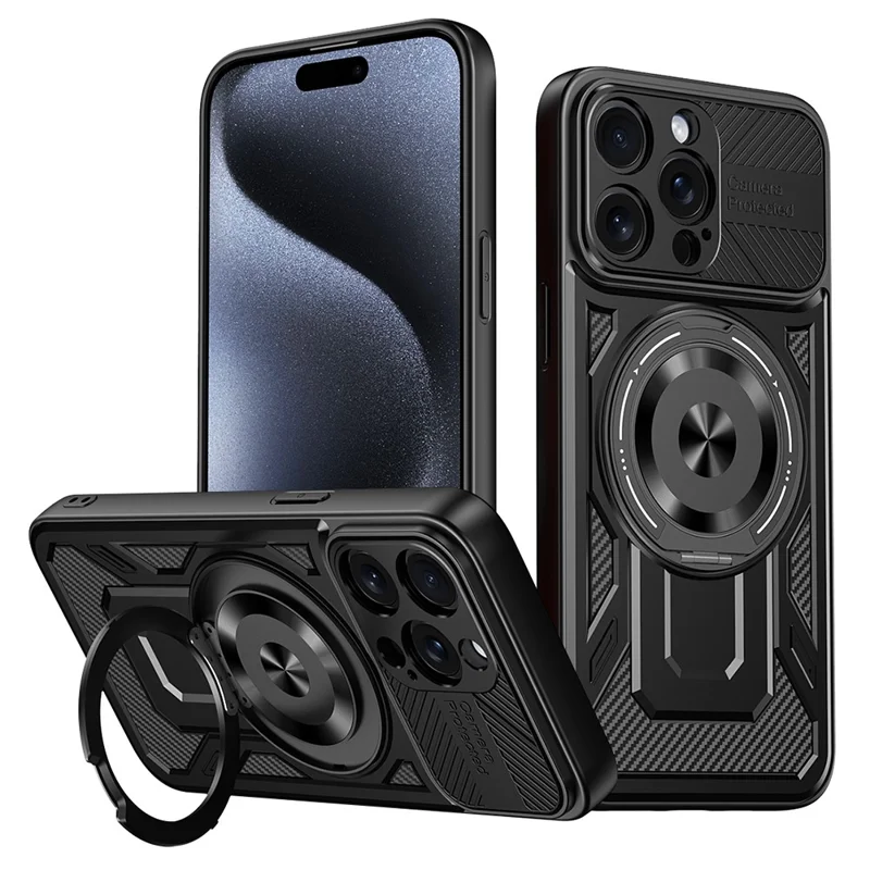 For iPhone 15 Pro Max Case Compatible with MagSafe Rotating Kickstand TPU + PC Phone Cover - Black