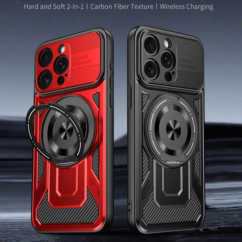 For iPhone 15 Pro Max Case Compatible with MagSafe Rotating Kickstand TPU + PC Phone Cover - Black