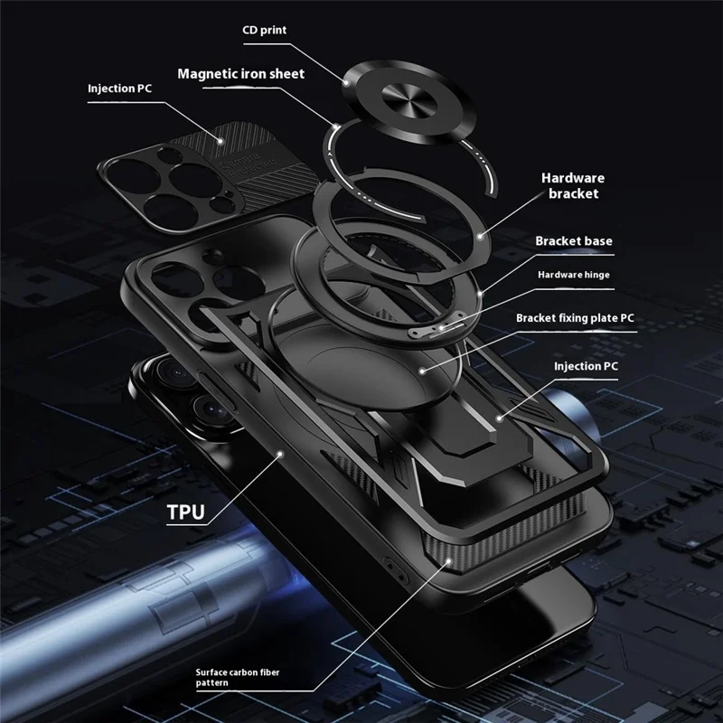 For iPhone 15 Pro Case Compatible with MagSafe Rotating Kickstand TPU + PC Phone Cover - Black