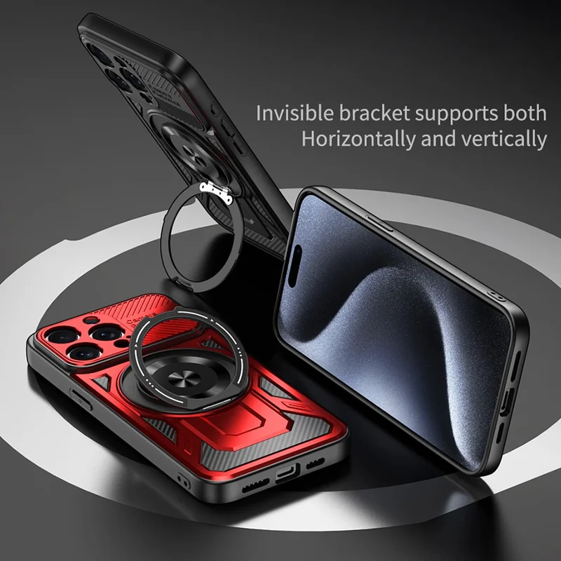 For iPhone 15 Pro Case Compatible with MagSafe Rotating Kickstand TPU + PC Phone Cover - Black