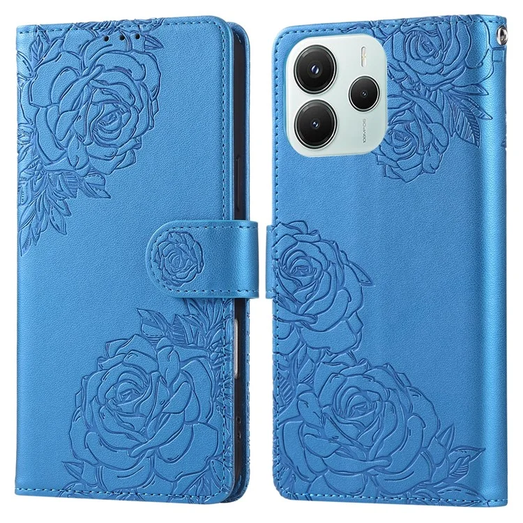 Wallet Case for Xiaomi Redmi Note 14 5G / Poco M7 Pro 5G Rose Flower PU Leather Phone Cover with 3 Card Slots - Blue