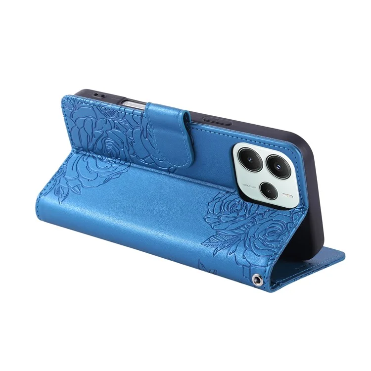Wallet Case for Xiaomi Redmi Note 14 5G / Poco M7 Pro 5G Rose Flower PU Leather Phone Cover with 3 Card Slots - Blue