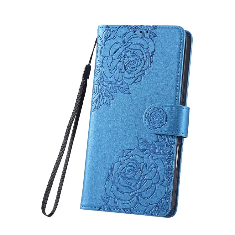 Wallet Case for Xiaomi Redmi Note 14 5G / Poco M7 Pro 5G Rose Flower PU Leather Phone Cover with 3 Card Slots - Blue