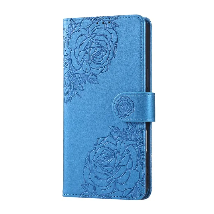 Wallet Case for Xiaomi Redmi Note 14 5G / Poco M7 Pro 5G Rose Flower PU Leather Phone Cover with 3 Card Slots - Blue