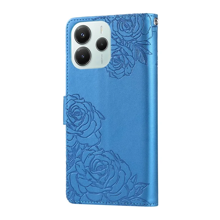 Wallet Case for Xiaomi Redmi Note 14 5G / Poco M7 Pro 5G Rose Flower PU Leather Phone Cover with 3 Card Slots - Blue