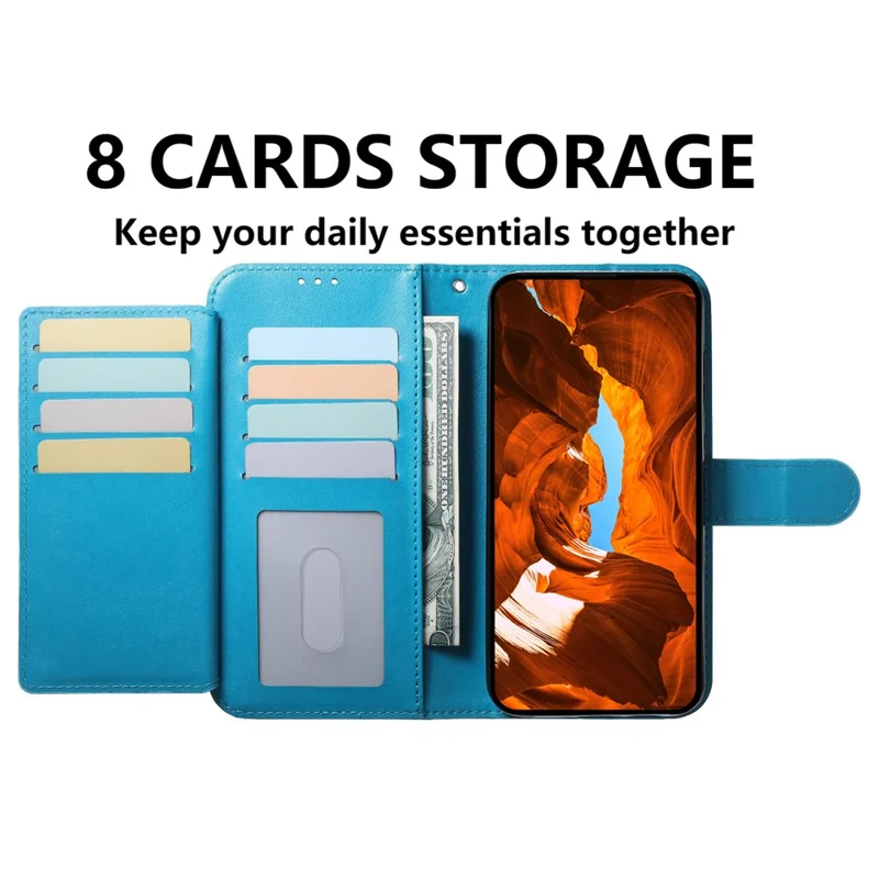 For iPhone 17e / 16e Wallet Phone Case with 8 Card Slot Stand PU Leather Folio Flip Cover - Sky Blue