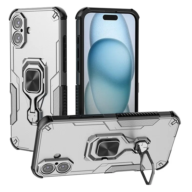 For iPhone 16 Case Rotatable Ring Kickstand PC + TPU Shockproof Phone Cover - Titanium Grey