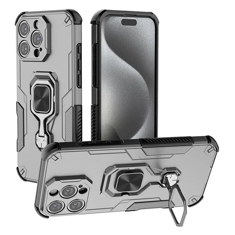 For iPhone 16 Pro Case Rotatable Ring Kickstand PC + TPU Shockproof Phone Cover - Titanium Grey