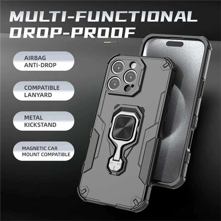 For iPhone 16 Pro Case Rotatable Ring Kickstand PC + TPU Shockproof Phone Cover - Titanium Grey