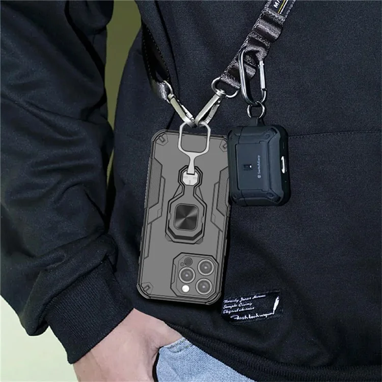 For iPhone 16 Pro Case Rotatable Ring Kickstand PC + TPU Shockproof Phone Cover - Titanium Grey