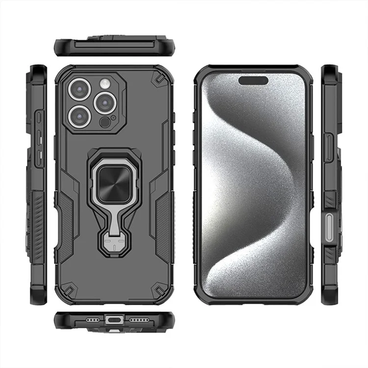 For iPhone 16 Pro Case Rotatable Ring Kickstand PC + TPU Shockproof Phone Cover - Titanium Grey
