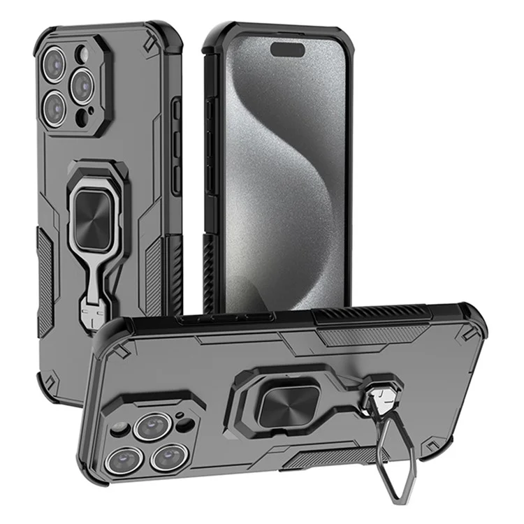 For iPhone 16 Pro Max Case Rotatable Ring Kickstand PC + TPU Shockproof Phone Cover - Black