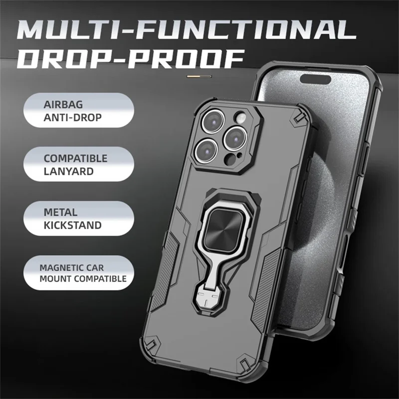 For iPhone 16 Pro Max Case Rotatable Ring Kickstand PC + TPU Shockproof Phone Cover - Titanium Grey