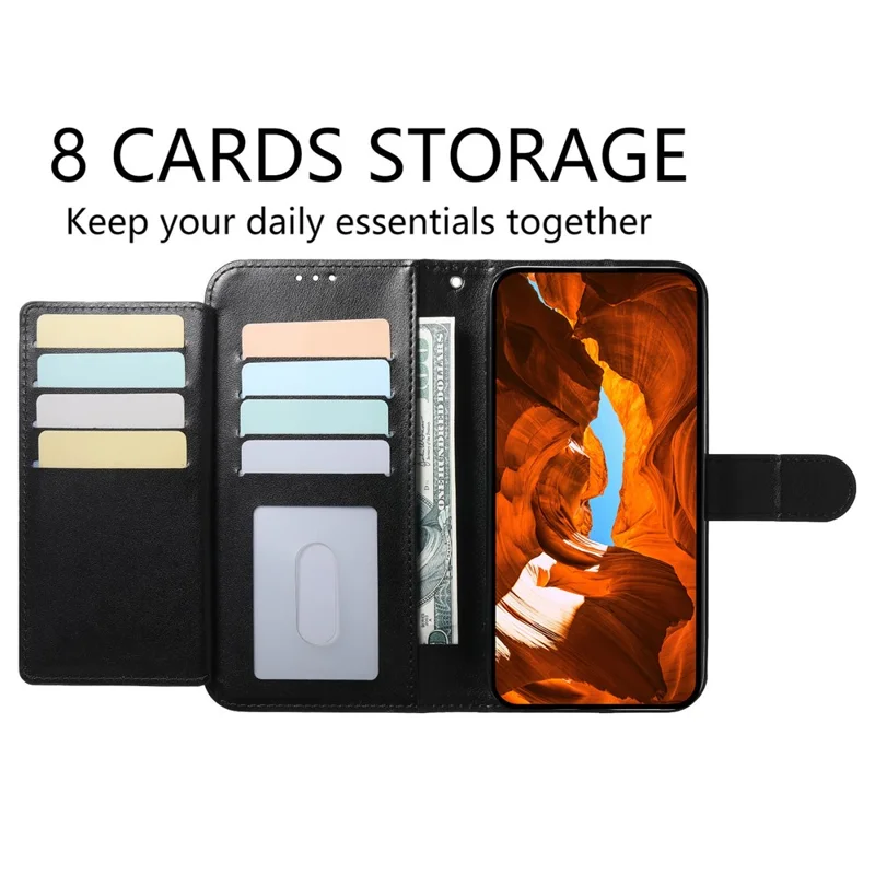 For iPhone 16 Wallet Phone Case with 8 Card Slot Stand PU Leather Folio Flip Cover - Black