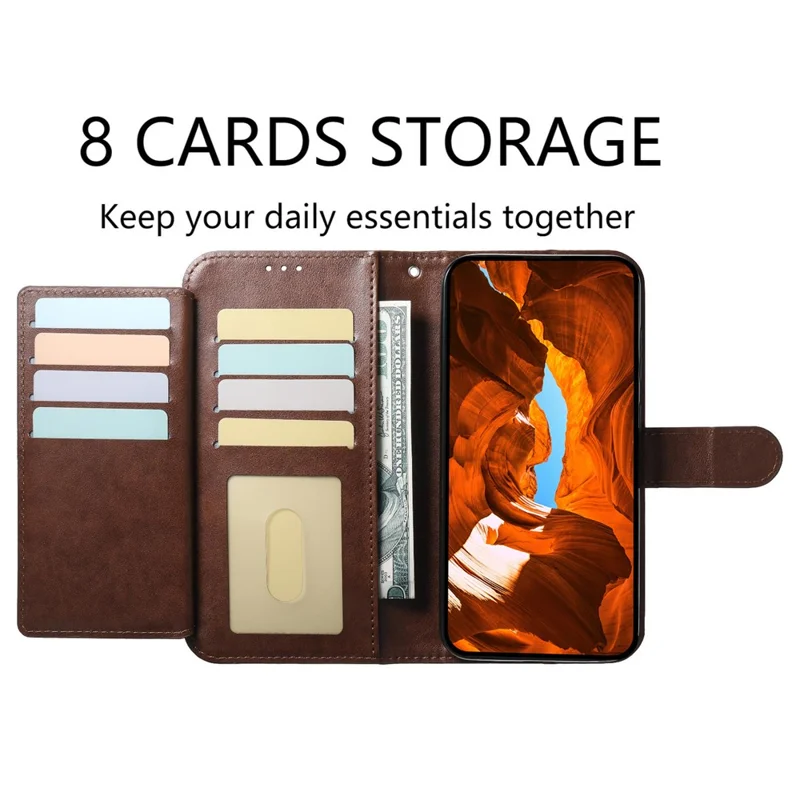 For iPhone 16 Pro Max Wallet Phone Case with 8 Card Slot Stand PU Leather Folio Flip Cover - Coffee