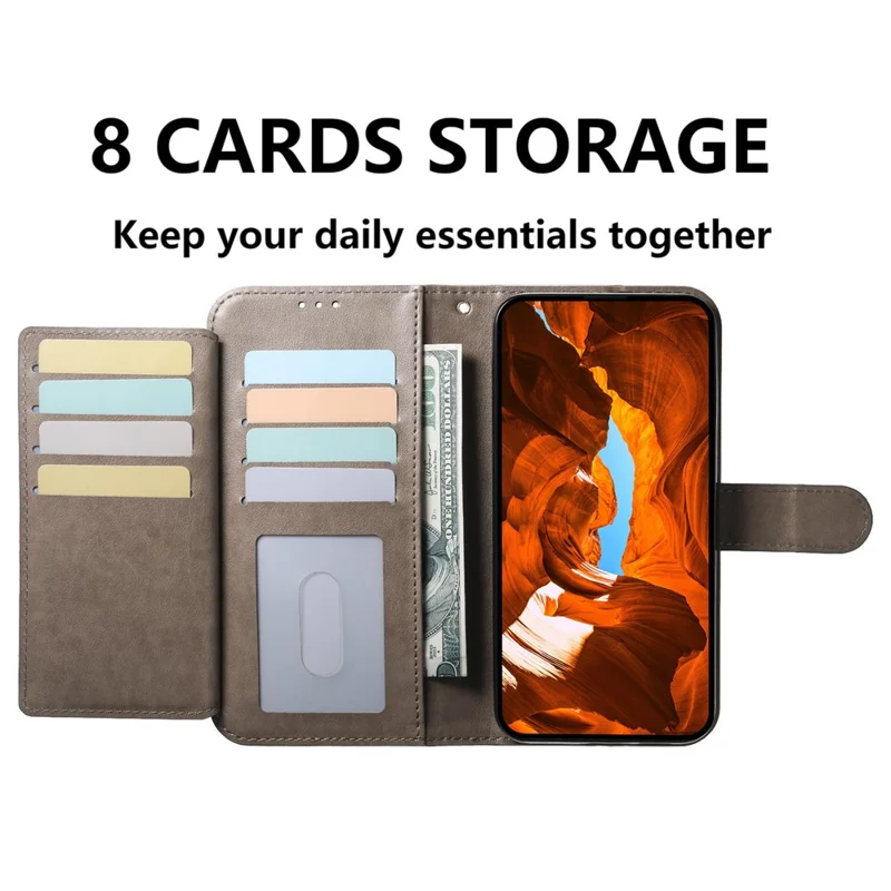 For Samsung Galaxy S25+ Wallet Phone Case with 8 Card Slot Stand PU Leather Folio Flip Cover - Grey