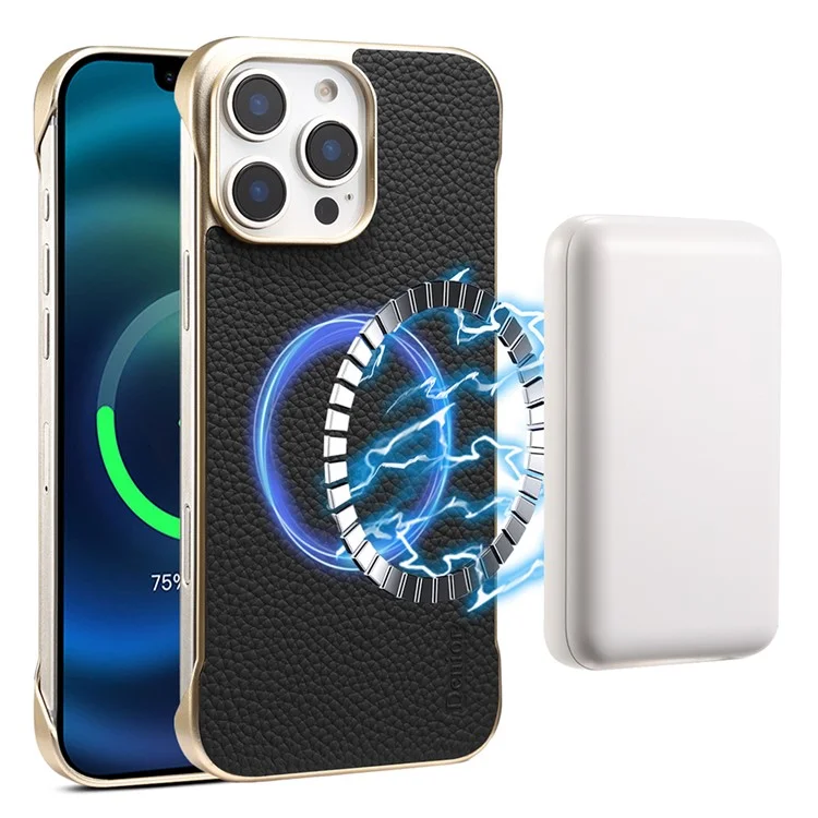 Чехол Magnetic для iPhone 16 Pro из натуральной воловьей кожи с текстурой личи + PC-накладка без рамки - Черный