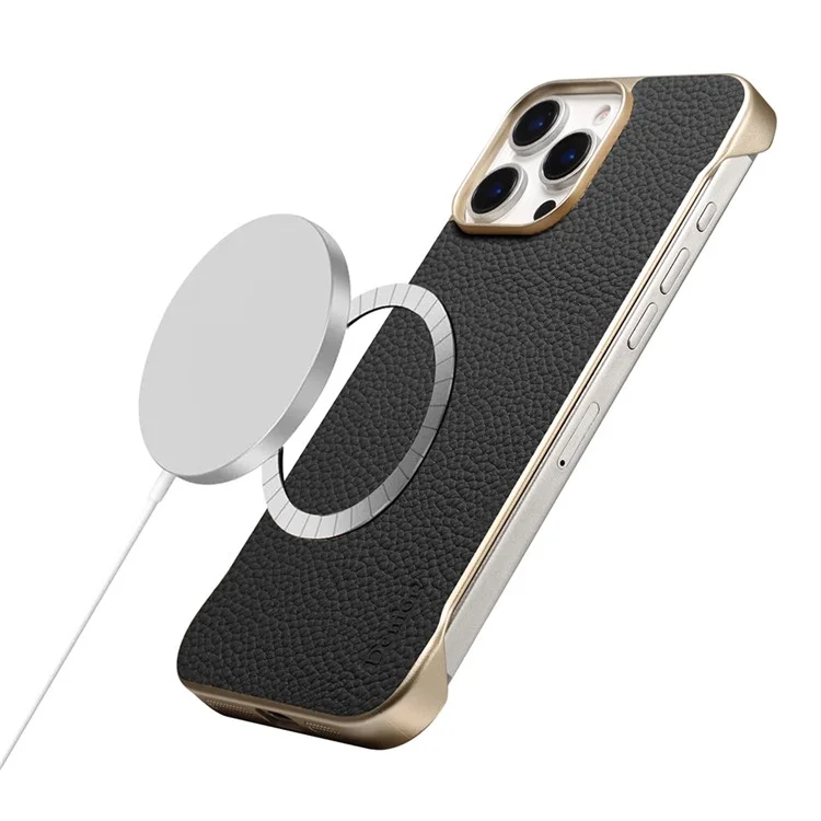 Чехол Magnetic для iPhone 16 Pro из натуральной воловьей кожи с текстурой личи + PC-накладка без рамки - Черный