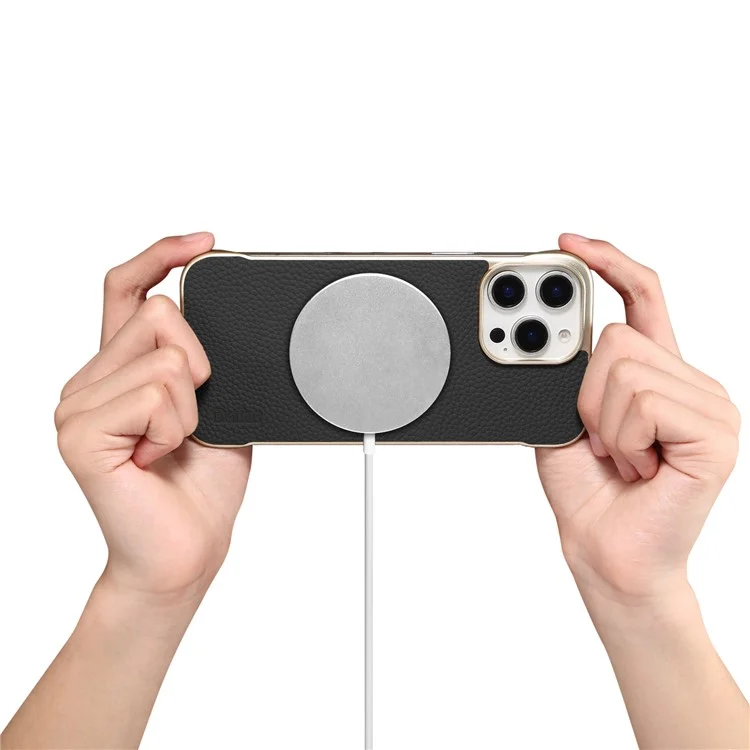 Чехол Magnetic для iPhone 16 Pro из натуральной воловьей кожи с текстурой личи + PC-накладка без рамки - Черный