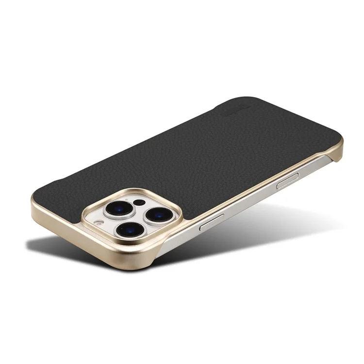 Чехол Magnetic для iPhone 16 Pro из натуральной воловьей кожи с текстурой личи + PC-накладка без рамки - Черный