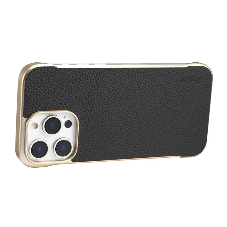 Чехол Magnetic для iPhone 16 Pro из натуральной воловьей кожи с текстурой личи + PC-накладка без рамки - Черный
