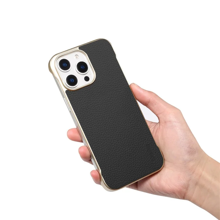 Чехол Magnetic для iPhone 16 Pro из натуральной воловьей кожи с текстурой личи + PC-накладка без рамки - Черный