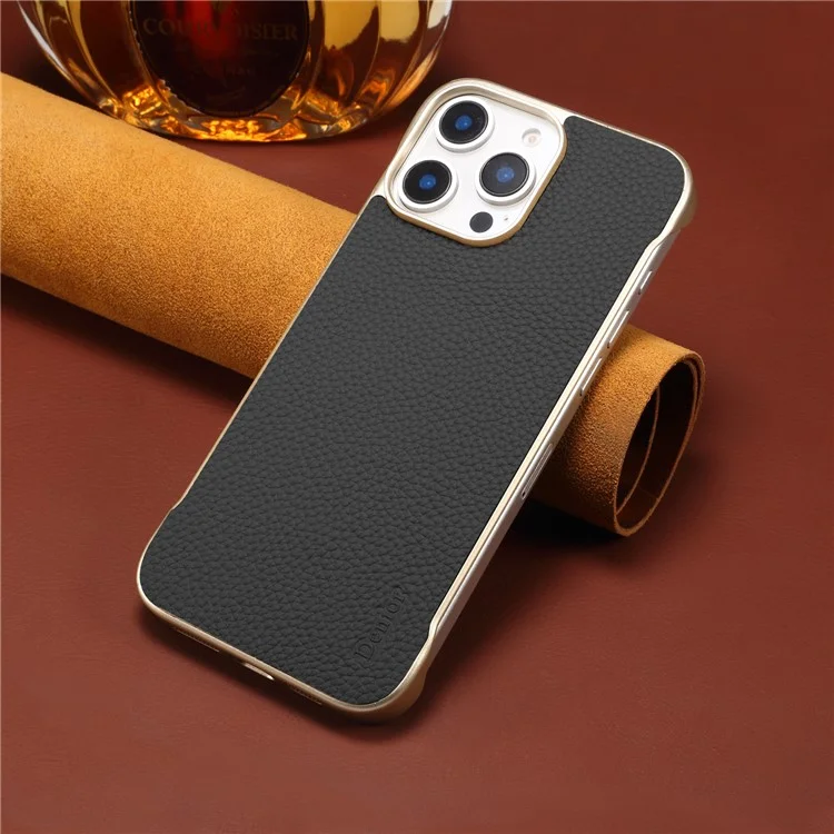 Чехол Magnetic для iPhone 16 Pro из натуральной воловьей кожи с текстурой личи + PC-накладка без рамки - Черный