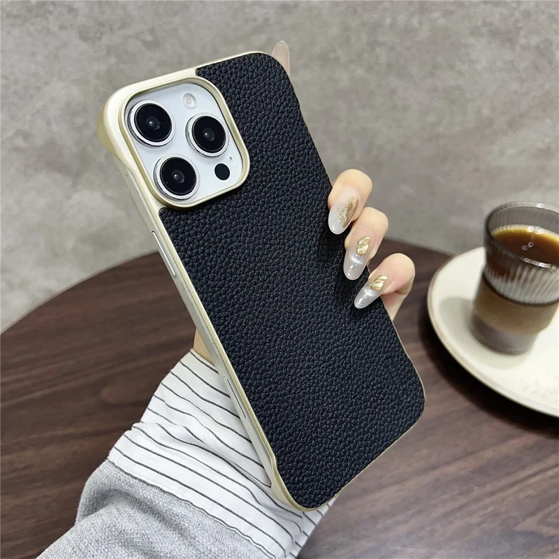 For iPhone 16 Pro Max Magnetic Case Litchi Texture Genuine Cow Leather + PC Boardless Phone Cover - Black
