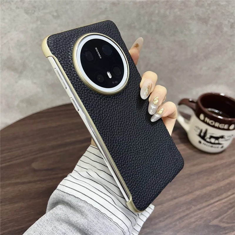 Capa Magnética de Couro de Vaca Legítimo Textura Lichia + PC sem Moldura para Huawei Mate 70 - Preto
