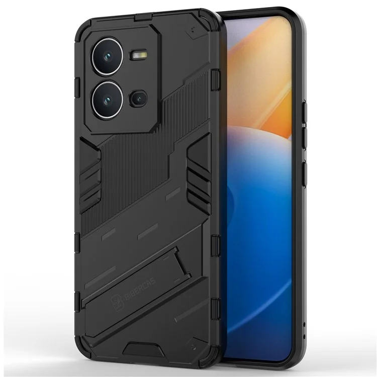 Жёсткий PC + мягкий TPU ударопрочный чехол для vivo V25 5G, чехол для телефона со складной подставкой - чёрный