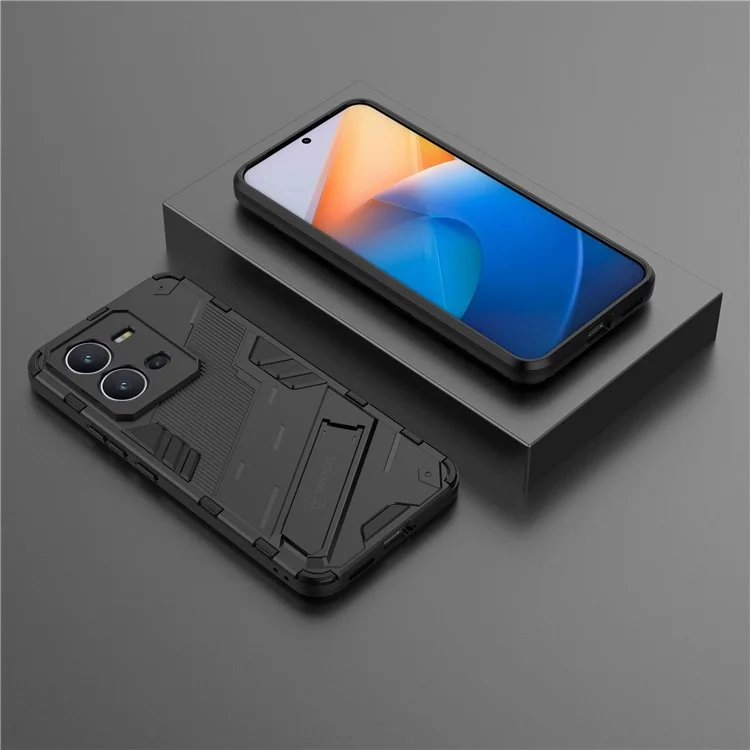 Жёсткий PC + мягкий TPU ударопрочный чехол для vivo V25 5G, чехол для телефона со складной подставкой - чёрный