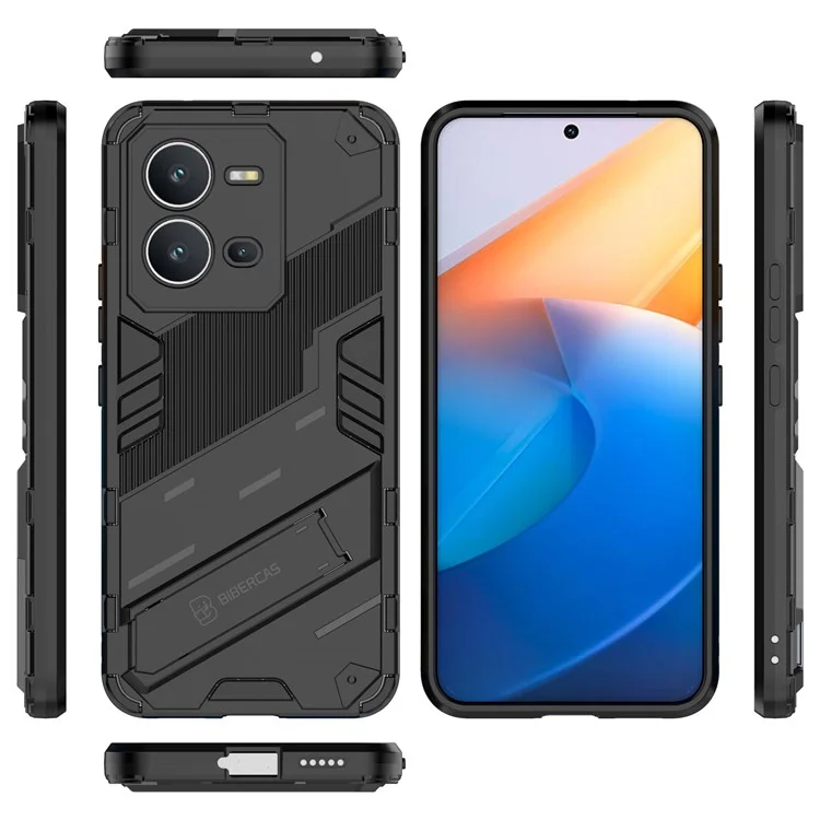Жёсткий PC + мягкий TPU ударопрочный чехол для vivo V25 5G, чехол для телефона со складной подставкой - чёрный