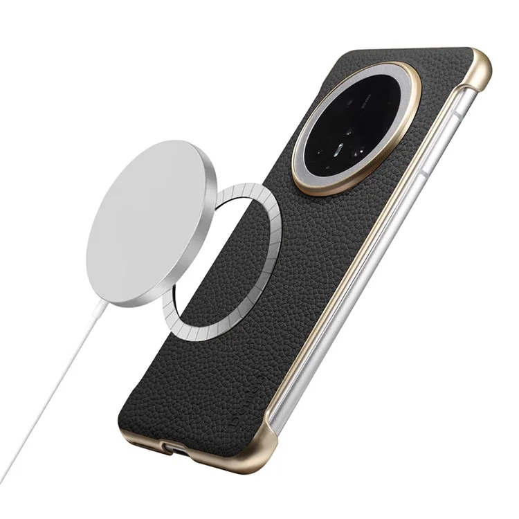 Pour Huawei Mate 70 Pro / 70 Pro+ Étui Magnétique en Cuir de Vache Véritable Texture de Litchi + Coque de Téléphone sans Bordure en PC - Noir