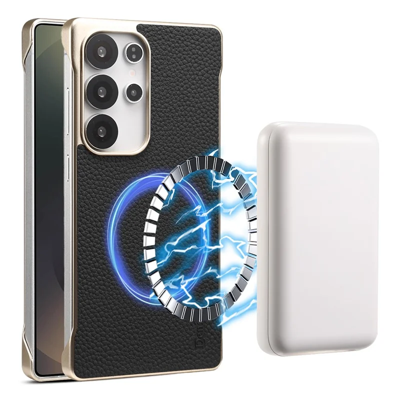 For Samsung Galaxy S25 Ultra Magnetic Case Litchi Texture Genuine Cow Leather + PC Boardless Phone Cover - Black
