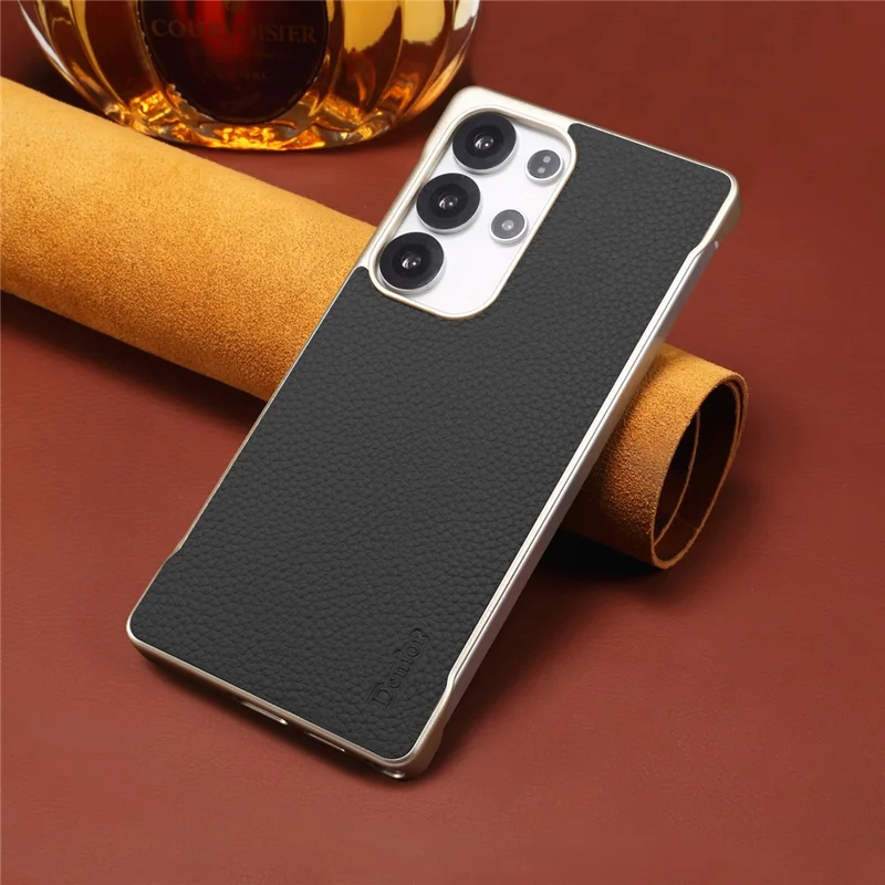 For Samsung Galaxy S25 Ultra Magnetic Case Litchi Texture Genuine Cow Leather + PC Boardless Phone Cover - Black