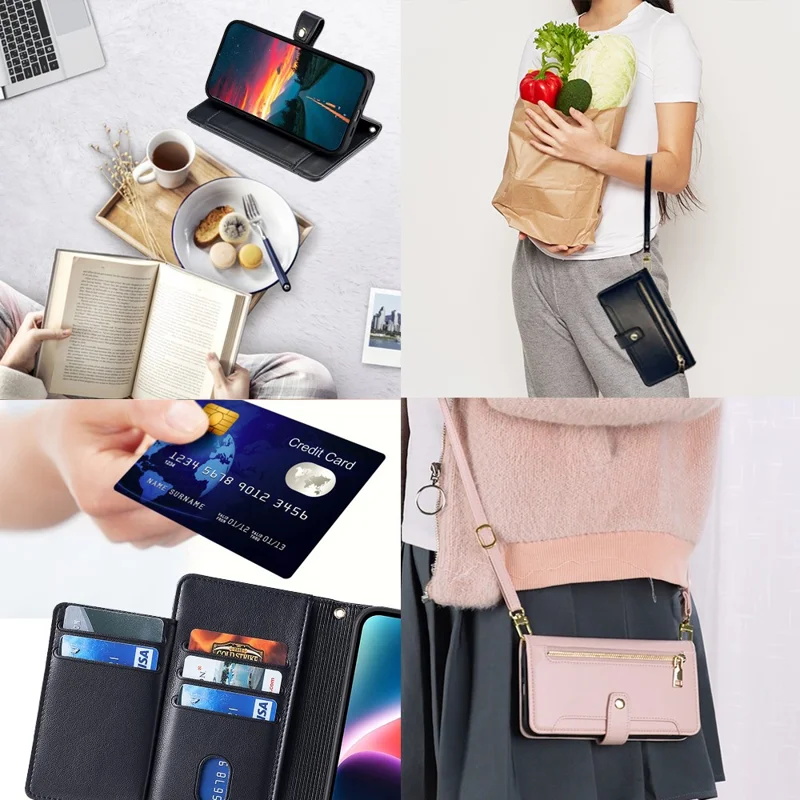 Voor iPhone 16e Hoesje met Ritsvak Portemonnee Leren Telefoonhoes met 2 Riemen - Zwart