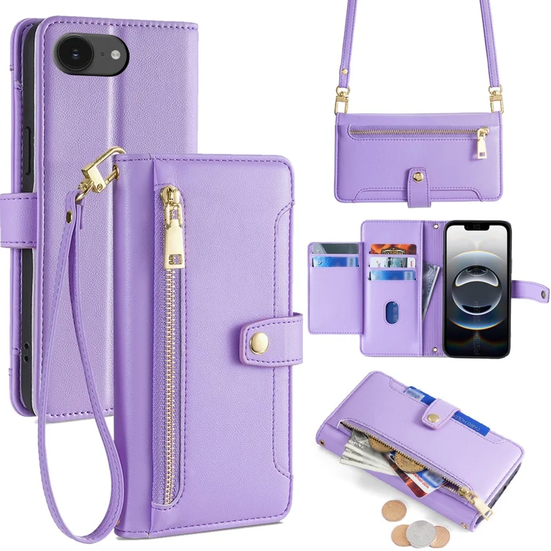 For iPhone 16e Case Zipper Pocket Wallet Leather Phone Cover with 2 Straps - Purple