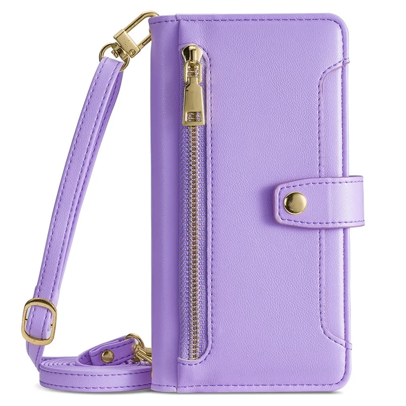 For iPhone 16e Case Zipper Pocket Wallet Leather Phone Cover with 2 Straps - Purple