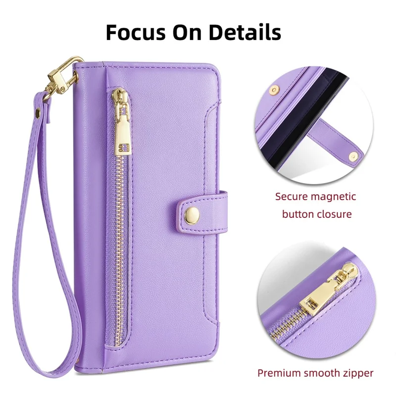 For iPhone 16e Case Zipper Pocket Wallet Leather Phone Cover with 2 Straps - Purple