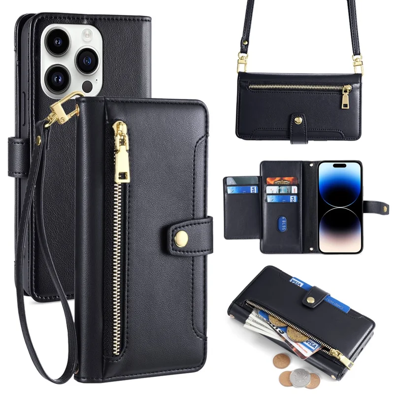 For iPhone 14 Pro Case Zipper Pocket Wallet Leather Phone Cover with 2 Straps - Black
