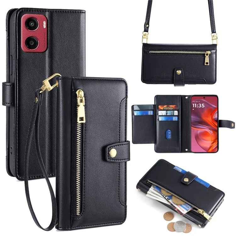 Funda tipo cartera de cuero para Motorola Moto G05 4G con bolsillo con cremallera y 2 correas - Negro