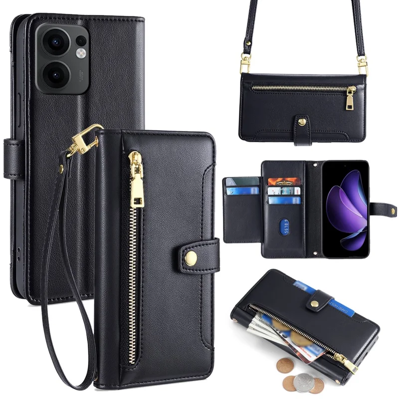Funda de tipo cartera con cremallera y bolsillo para Oppo Reno13 F 4G / 5G, cubierta de cuero para teléfono con 2 correas - Negro