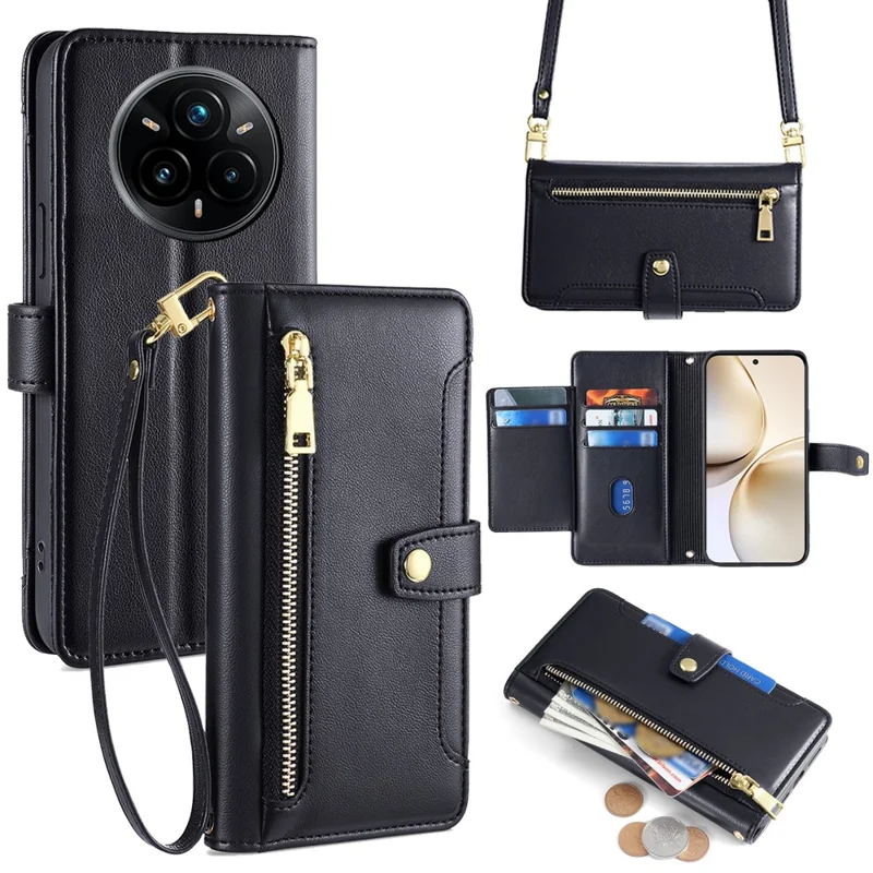 Étui pour Realme 14 Pro+ 5G avec Pochette à Fermeture Éclair, Portefeuille en Cuir avec 2 Sangles - Noir